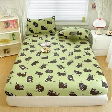 Imagem de Lençol De Cama Estampado Com Gato Verde, Tamanho Solteiro, Queen E Kin