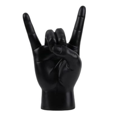 Imagem de Vilead Escultura de chifres de metal, estátua de gesto de mão de rock and roll de ouro de 19,3 cm, escultura com pedra na mão, acessórios de decoração de prateleira de ouro, decoração de estátua de