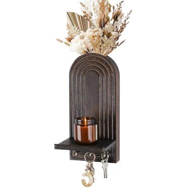 Imagem de Gurfuy Organizador de parede de madeira 3 em 1 – vaso para vaso + arandelas + ganchos – decoração de casa de fazenda, arte de parede boho para plantas de interior, flores secas de eucalipto artificial