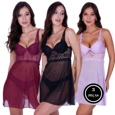 Imagem de Kit 3 Camisola com Bojo com Tanga Transparente Lingerie - c3 KIT 3 ELI