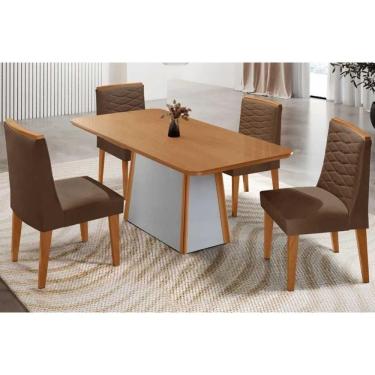 Imagem de Mesa Cozinha Tilia c/ Tampo Madeirado Canto Curvo 120x80cm e 4 Cadeiras Maldivas Madeira Maciça Naturale/Off White - Capuccino/Suede Marrom-Rufato