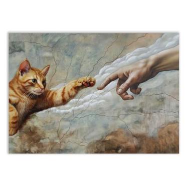 Imagem de Placa Decorativa Engraçado Gato Criação De Adão Pintura Decoração Poster Quarto Sala