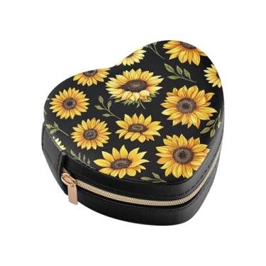 Imagem de Burbuja Caixa de joias em forma de coração de girassóis mini estojo de joias de viagem para mulheres e meninas, estojo portátil organizador de armazenamento para brincos, anéis, colares e pulseiras