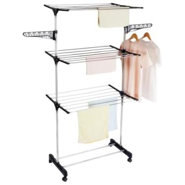 Imagem de Varal de Chão Torre 3 Andares Dobrável com Rodízios, Suporte para Cabides, Aço e Plástico, 160cm Altura, Capacidade 10kg, Preto e Branco
