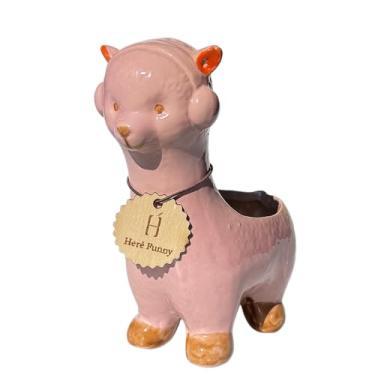 Imagem de SJBAG Vaso de suculentas de cerâmica em forma de alpaca com orifícios de drenagem, vaso de animais pintado à mão para cactos e suculentas internos, decoração de casa exclusiva e presente (rosa)