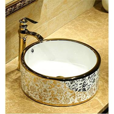 Imagem de CYYHGD Lavatório de bancada de cerâmica com padrão dourado, lavatório artístico acima do balcão, lavatório redondo de cerâmica, pia de banheiro