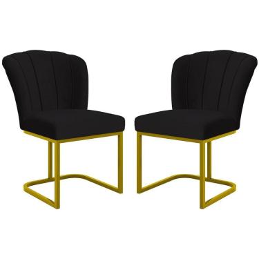 Imagem de Kit 2 Cadeiras Poltrona Flor Pés Metal Dourado Mesa Quarto Cozinha Preto