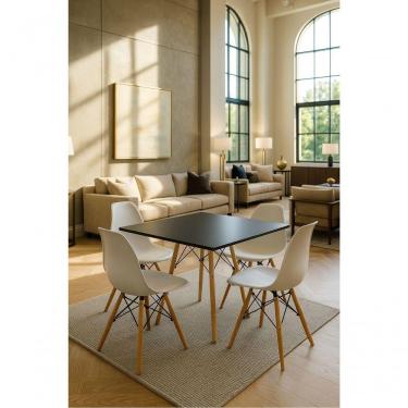 Imagem de Conjunto Cozinha Sala Jantar Mesa Eiffel Quadrada 80cm Preta Com 4 Cadeiras Eiffel Eames Branca