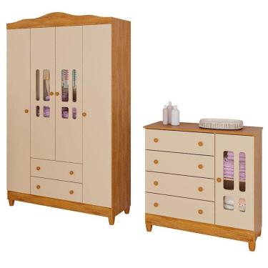 Imagem de Cômoda E Guarda Roupa Infantil Ariel 4 Portas Off White Bétula- Carolina Baby