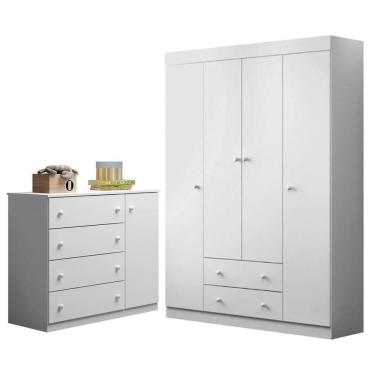 Imagem de Jogo De Quarto Infantil Guarda Roupa E Cômoda Ellie P04 Branco - Mpozenato
