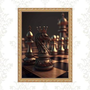 Imagem de Quadro Moldura Dourada Tabuleiro Xadrez 45X34Cm