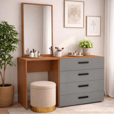Imagem de Cômoda Penteadeira 4 Gavetas Lisboa Cinza/Freijó