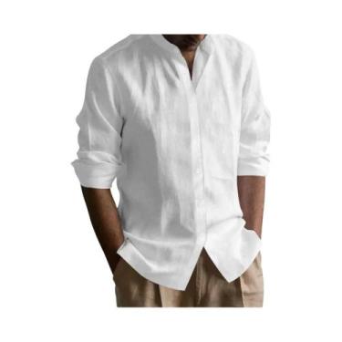 Imagem de Camisa Henley Masculina Slim Fit De Algodão E Linho Leve Respirável Co