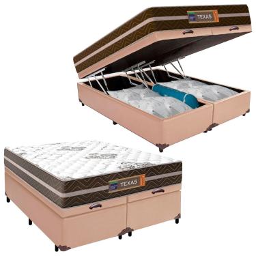 Imagem de Cama Box Baú Casal Bipartido Sintético + Colchão Molas Ensacadas Texas Prime Colchões 138x188x67cm Bege