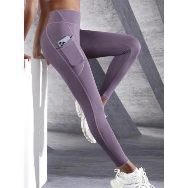 Imagem de Leggings De Cintura Alta Em Cor Sólida Para Mulheres Com Bolsos Latera