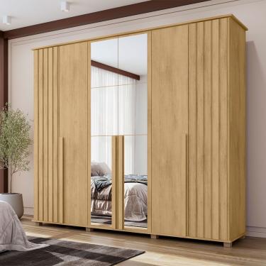 Imagem de Roupeiro Amsterdã Ripado Com Espelho 6 Portas 4 Gavetas Organizador Para Quarto Casal - Cinamomo