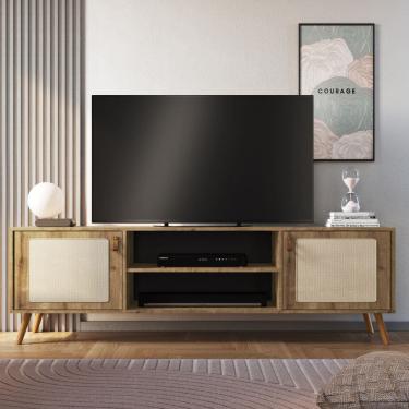 Imagem de Rack Viena Com Pés De Madeira Tela Natural e Couro 180cm
