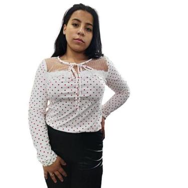 Imagem de Blusa Manga Longa Camisas Renda Guiper Bolinha Perolada Feminina Elega