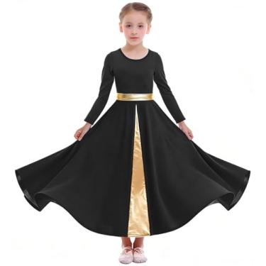 Imagem de Z&X Vestido de dança de louvor para meninas, comprimento total, saia rodada, manga comprida, adoração litúrgica, roupão de igreja, roupa de dança lírica, 08 Preto, 11-12 Anos