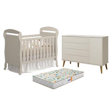 Imagem de Kit Berço Americano Danny com Cômoda Elfe Retrô em MDF com Colchão Gazin Areia Acetinado Amadeirado Reller Móveis