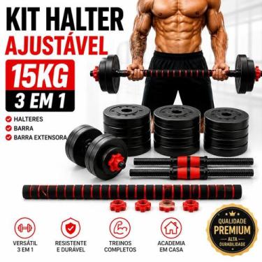 Imagem de Kit Halter 3 em 1 Ajustável 15kg Musculação Anilhas Barra Halteres Aca