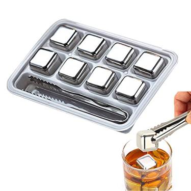 Imagem de HIOD Conjunto de cubos de gelo Whisky Pedras reutilizáveis de aço inoxidável grau alimentício Cubo refrigerante Rock Party Bar Tool com clipe, 8 peças