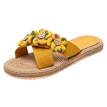 Imagem de Sandálias femininas chinelos de flor floral plana chinelos de praia floral chinelos de praia chinelos de moda chinelos de dedo aberto plano, Amarelo, 10