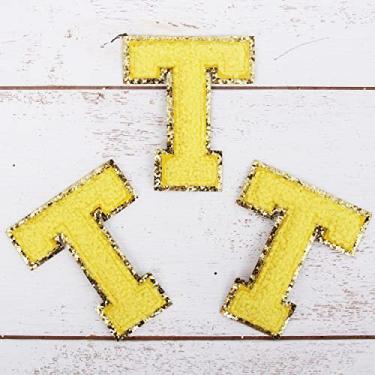 Imagem de Pacote com 3 adesivos de Chenille Iron On Glitter Varsity Letter 5 cm de altura "T" - Tecido de chenille amarelo com acabamento em glitter dourado - Costurar ou passar a ferro - 5 cm YEL T