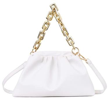 Imagem de PRETTYGARDEN Bolsa feminina Crossbody com elos em corrente bolsa de mão em formato de nuvem bolinho de massa clutch franzida, Branco
