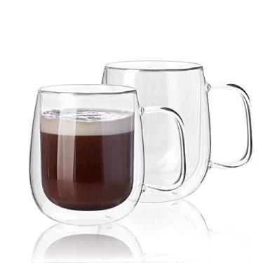 Imagem de Kanwone Canecas de café de vidro grande - 400 ml - Copos de parede dupla com alça, canecas de café de vidro transparente, perfeitas para latte, macchiato, americano, cappuccino, chá e bebidas, conjunto com 2
