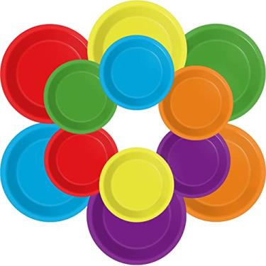 Imagem de Wiooffen 48 peças, pratos de papel coloridos, suprimentos de festa arco-íris, bandeja de papel descartável colorida, bandeja de papel para decoração de bolo de sobremesa, bandeja de papel para 24