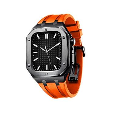 Imagem de DYIZU Capa protetora militar para Apple Watch Series 7 SE 6 5 4 Capa protetora de metal com pulseira de silicone amortecedor à prova de choque 45mm 44mm (Cor: Preto Laranja, Tamanho: 45MM para 7)