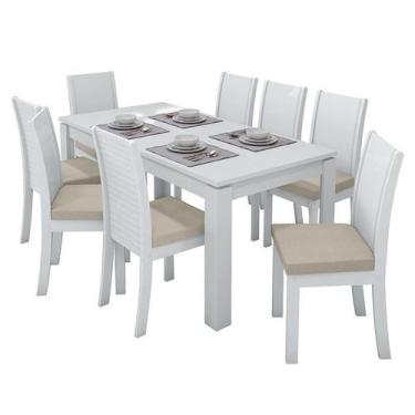 Imagem de Mesa De Jantar 200X90 Com 8 Cadeiras Athenas Branco/Linho Bege - Móvei