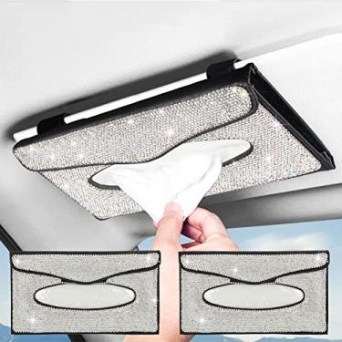Imagem de eing Suporte de caixa de lenços de viseira de sol de carro caixa de guardanapo de cristal brilhante estojo de couro PU acessórios de carro para mulheres, pacote com 2 pretos