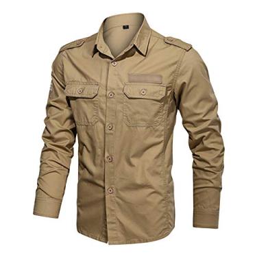 Imagem de IKIIO Camisa masculina casual de trabalho, lisa, manga comprida, de algodão, com bolsos, Caqui, M