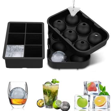Imagem de Molde de cubo de gelo Molde de silicone Bandejas de esferas de gelo com tampas e cubos quadrados grandes para uísque e coquetéis, Bandeja grande para cubos de gelo com funil e tenazes de gelo, Conjunto de 2, Preto…