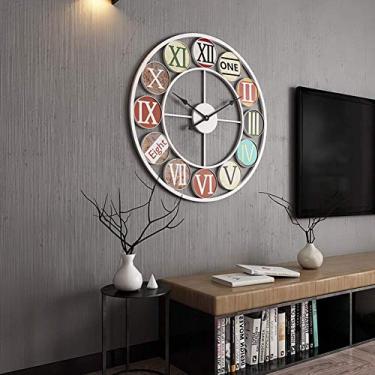 Imagem de Relógio de parede, 16"redondo de tamanho grande em estilo de numeração romana centuriana Decoração da casa Relógio analógico de metal operado por bateria para a sala de estar, preto