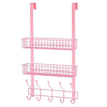 Imagem de MILIJIA Cabideiro, cabide sobre a porta com cesta de malha, prateleira de armazenamento removível para toalhas, chapéus, bolsas, casacos (rosa - 2 cestos)