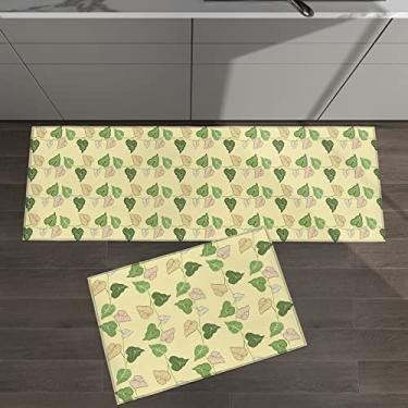 Imagem de Conjunto de 2 tapetes de cozinha folhas verdes planta verão outono amarelo para tapetes acolchoados no chão tapetes e tapetes antiderrapante absorvente corredor confortável tapete de pé