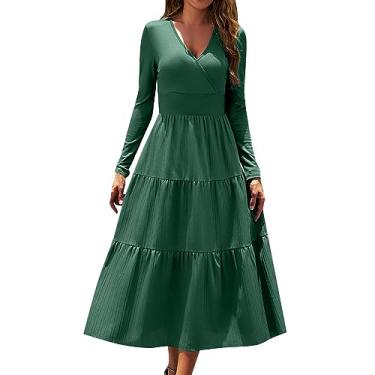 Imagem de UIFLQXX Vestido de coquetel feminino cor pura vestido longo maxi manga longa decote em V cintura alta vestido evasê, Verde, M