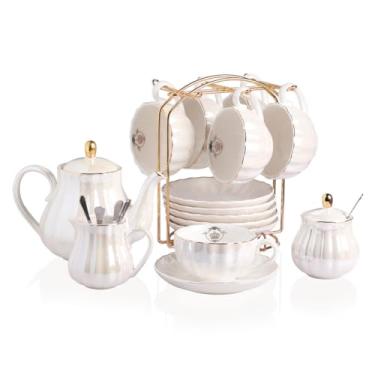 Imagem de Jogo de chá de porcelana série British Royal, xícaras de 236 ml e pires para 6, com bule, açucareiro, leiteira, colheres de chá e infusor, para chá/café, branco coral
