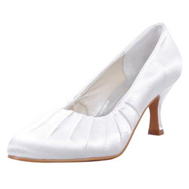 Imagem de Minishion MZ605 Sapato feminino bico fino salto médio noiva casamento noite cetim sapato escarpim, Salto branco de 6,5 cm, 8