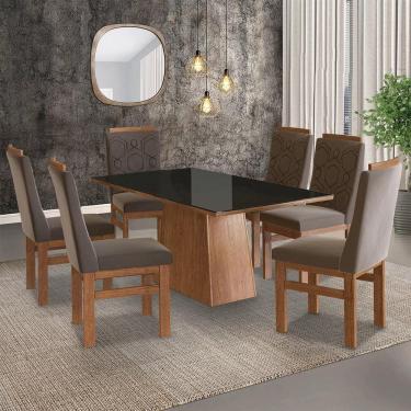 Imagem de Conjunto Sala de Jantar Mesa 90x160cm Tampo Vidro com 6 Cadeiras Madeira Maciça Tecido Joli Zamarchi Canela/Preto