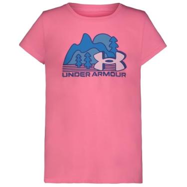 Imagem de Under Armour Camiseta de manga curta para meninas ao ar livre, gola redonda, logotipo e designs estampados, Rosa Fluo, M