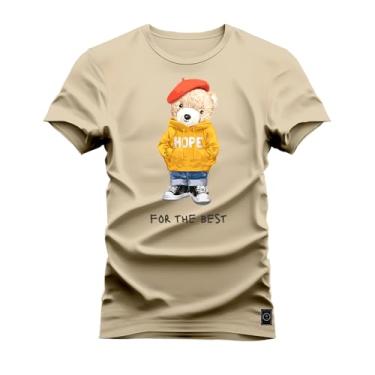 Imagem de Camiseta Plus Size Agodão T-Shirt Unissex Premium Macia Estampada Urso Hope Bege G4