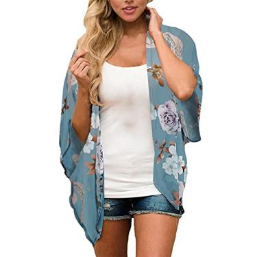 Imagem de Blusa feminina havaiana chiffon estampa floral manga bufante kimono cardigã solto blusa tops Casual Cobertura de praia Camiseta havaiano Fluido Top Túnica Top Top feminina M27-Azul X-Large