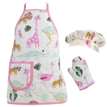 Imagem de Kit Avental Infantil com Touca e Luva 3Pçs Safari Rosa