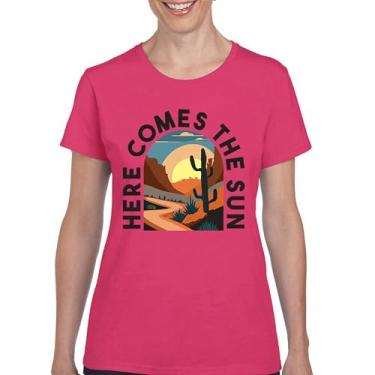 Imagem de Camiseta Here Comes The Sun Retrô Boho Cactus Canyon Sunrise Vintage Viagem Hippie Verão Anos 60 Sul Camiseta Feminina, Rosa choque, 3G