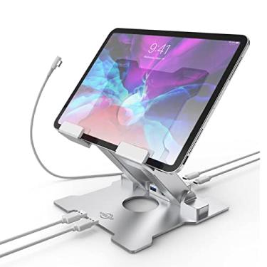 Imagem de KABCON Suporte de tablet com hub, suporte de mesa ajustável com USB 3.0 2.0 USB C 2.0 PD Docking Station para iPad Pro Air, MacBook Pro, Microsoft Surface, abas de até 38 cm