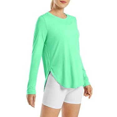 Imagem de G4Free Camisas femininas FPS 50+ UV manga longa treino sol camisa academia ao ar livre caminhada tops secagem rápida leve, Verde menta, G